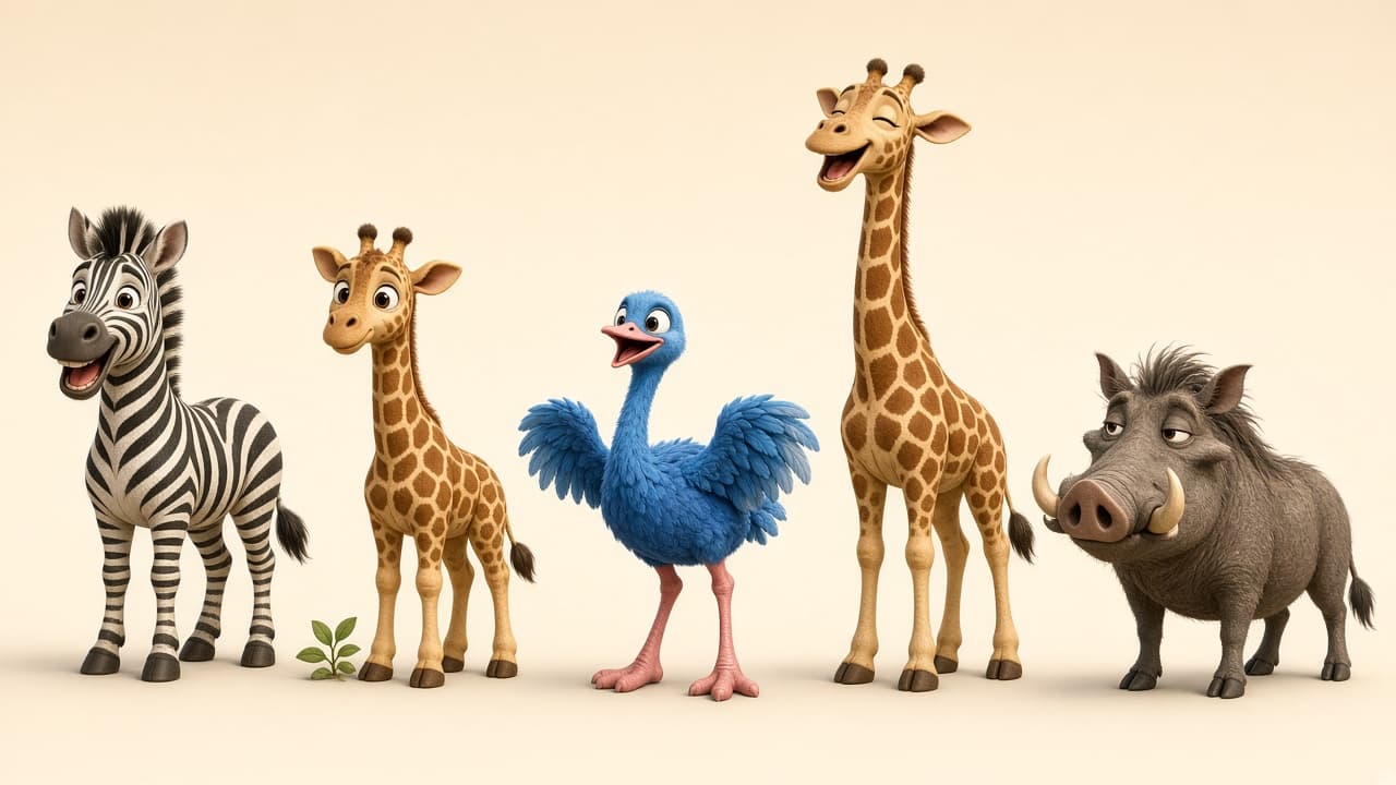 Character sheet of a zebra, two giraffes, a blue ostrich, and a warthog in a 3D animated style
